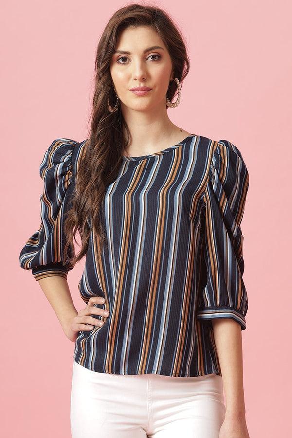 gipsy Gipsy Navy Medium Length Round Neck Polyester Blouse Navy