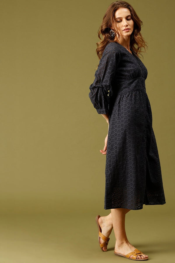 Gipsy Navy Midi Length V-Neck Cotton Dress Navy