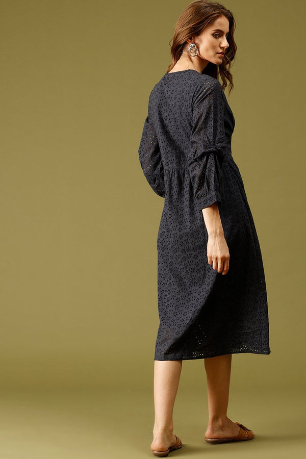 Gipsy Navy Midi Length V-Neck Cotton Dress Navy