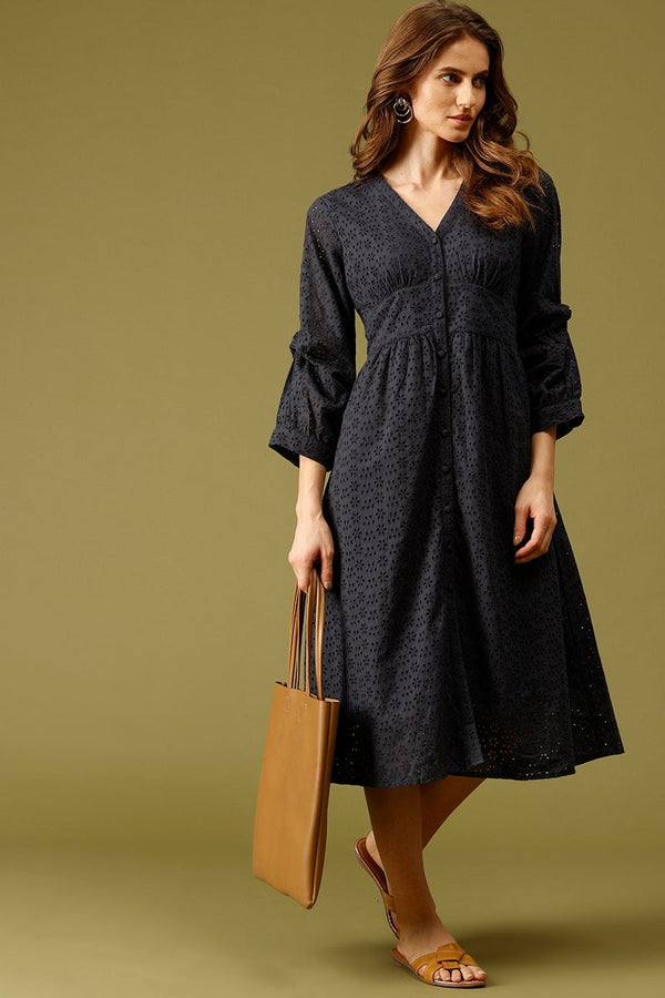 Gipsy Navy Midi Length V-Neck Cotton Dress Navy