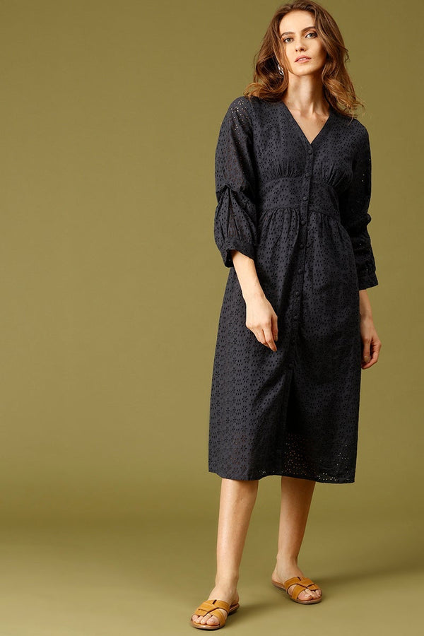 gipsy Navy Midi Length V-Neck Cotton Dress Navy