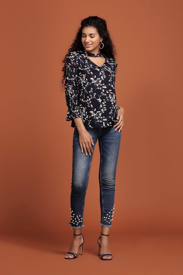 Gipsy Navy Printed V Neck Top Blue