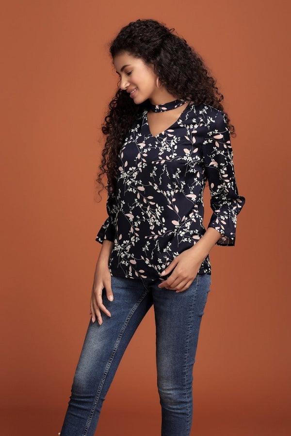 Gipsy Navy Printed V Neck Top Blue