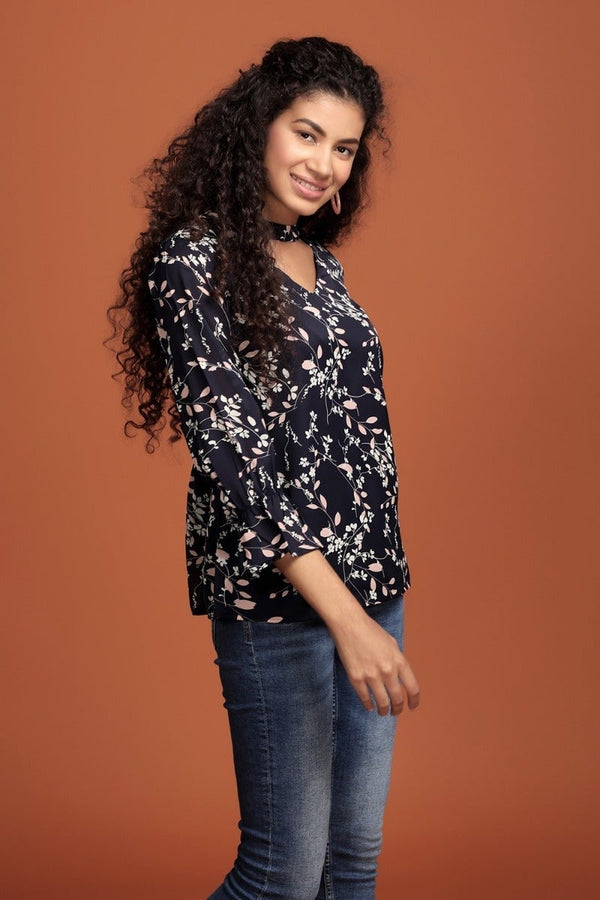 Gipsy Navy Printed V Neck Top Blue