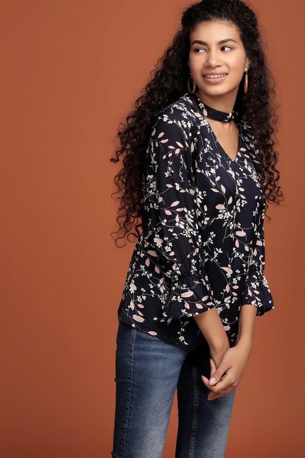 gipsy Navy Printed V Neck Top Blue