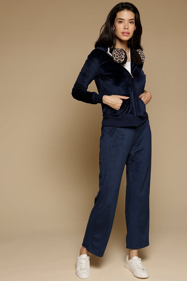Gipsy Navy Solid Polyester Mid-Rise Pant Blue