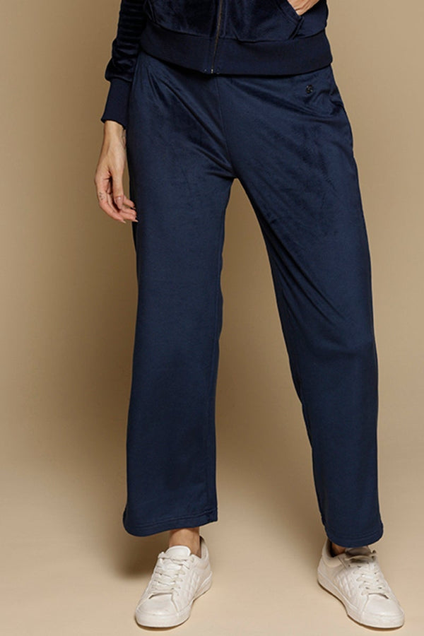 gipsy Navy Solid Polyester Mid-Rise Pant Blue