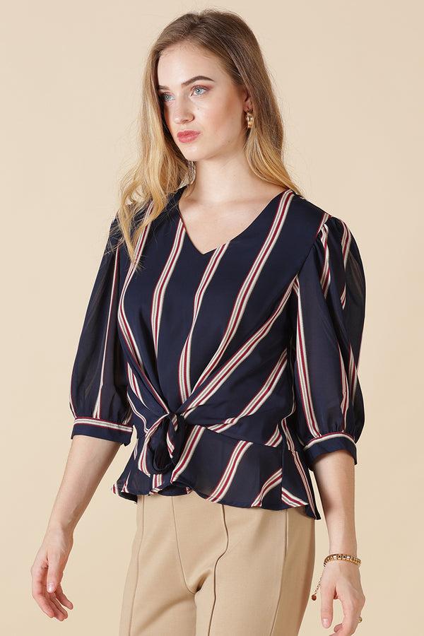 Gipsy Gipsy Navy Stripe Print Georgette Blouse Navy