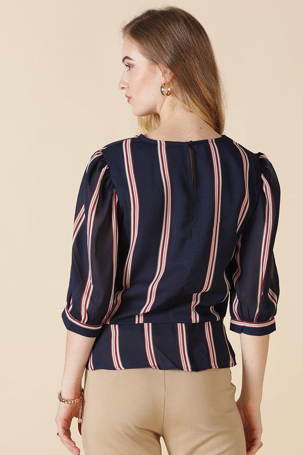 Gipsy Gipsy Navy Stripe Print Georgette Blouse Navy