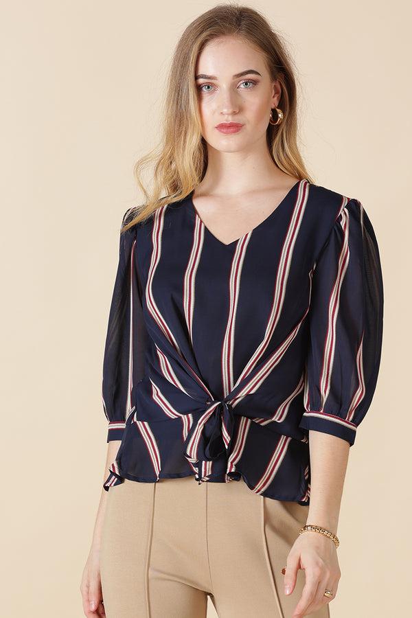 gipsy Gipsy Navy Stripe Print Georgette Blouse Navy