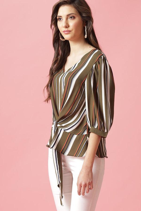 Gipsy Gipsy Olive Medium Length V-Neck Polyester Blouse Olive