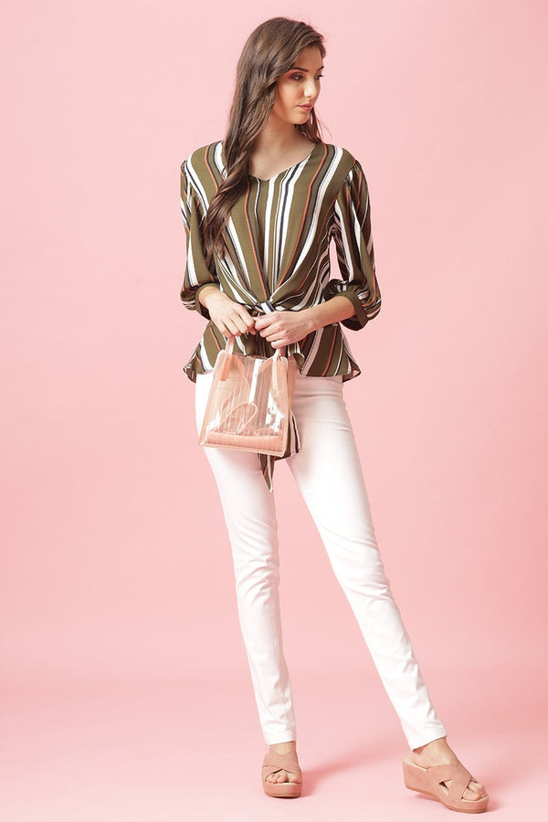 Gipsy Gipsy Olive Medium Length V-Neck Polyester Blouse Olive