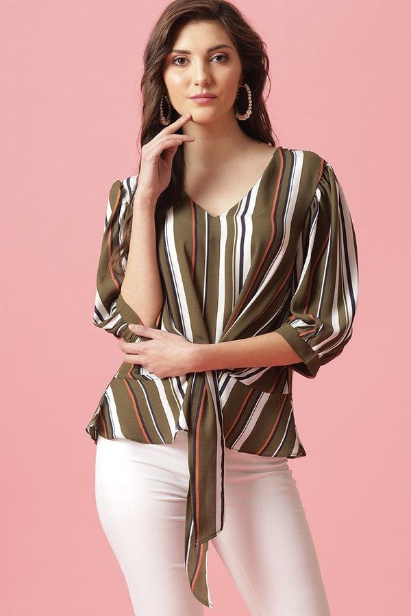 gipsy Gipsy Olive Medium Length V-Neck Polyester Blouse Olive