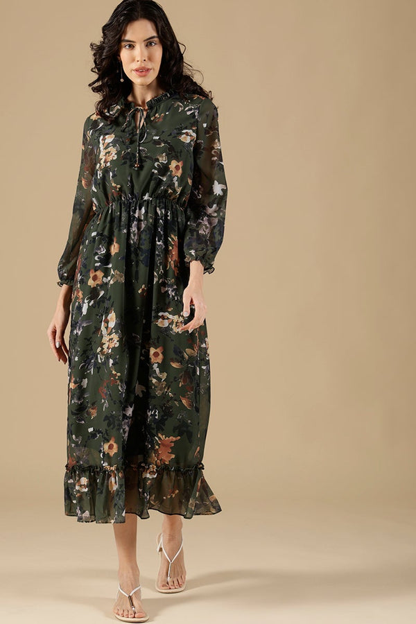 Gipsy Olive Regular Fit Georgette Dress Olive