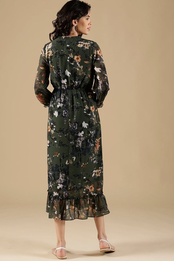 Gipsy Olive Regular Fit Georgette Dress Olive