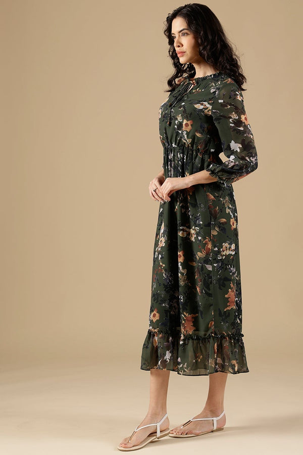 Gipsy Olive Regular Fit Georgette Dress Olive