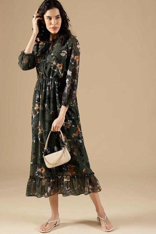 gipsy Olive Regular Fit Georgette Dress Olive