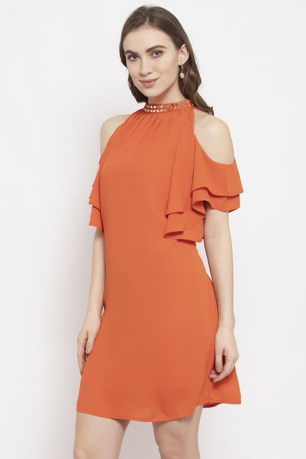Gipsy Gipsy Orange Embellished Solid Georgette Dress Orange