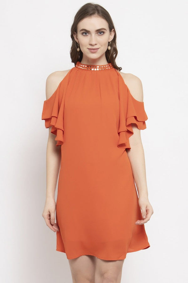 gipsy Gipsy Orange Embellished Solid Georgette Dress Orange