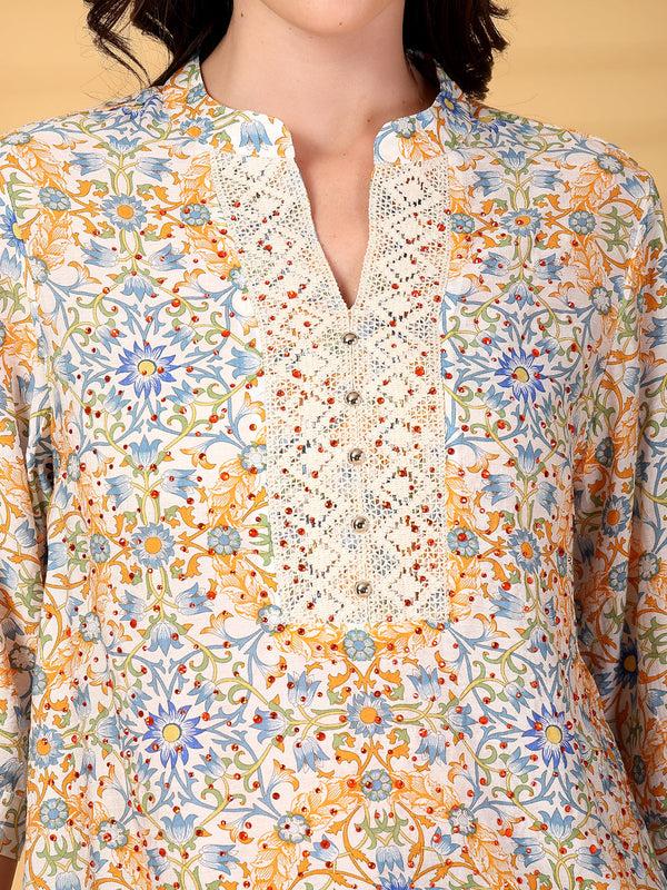 Gipsy Gipsy Orange Floral Hotfixing Lace Detailing Chiffon Tunic