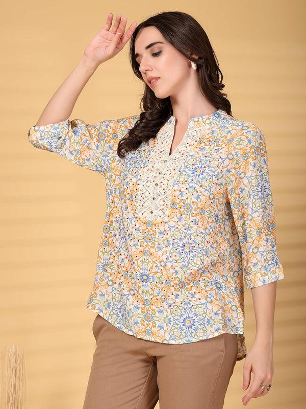 Gipsy Gipsy Orange Floral Hotfixing Lace Detailing Chiffon Tunic