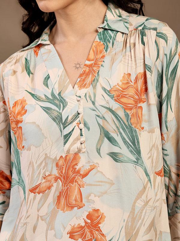 Gipsy Gipsy Orange Shirt Collar Floral Printed Rayon Tunic