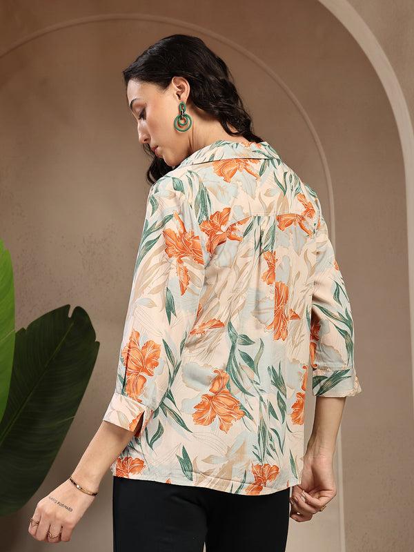 Gipsy Gipsy Orange Shirt Collar Floral Printed Rayon Tunic