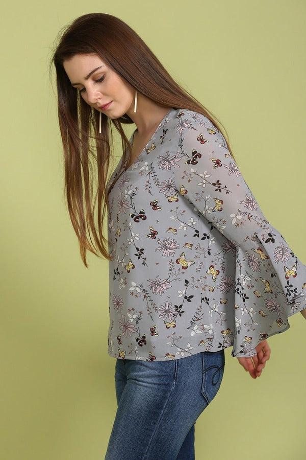 gipsy Pastel Waterfall Sleeves Top Grey