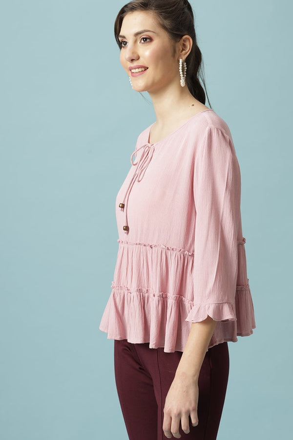 Gipsy Gipsy Pink Medium Length Round Neck Viscose Rayon Blouse Pink