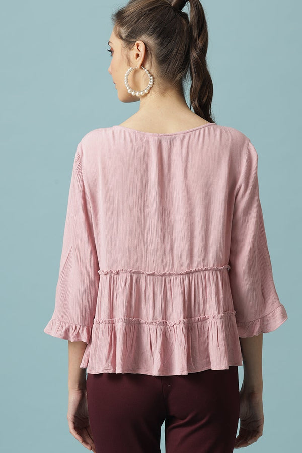 Gipsy Gipsy Pink Medium Length Round Neck Viscose Rayon Blouse Pink