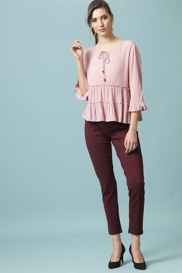 Gipsy Gipsy Pink Medium Length Round Neck Viscose Rayon Blouse Pink