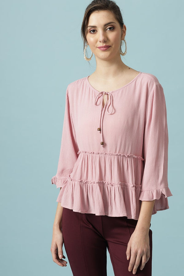 gipsy Gipsy Pink Medium Length Round Neck Viscose Rayon Blouse Pink