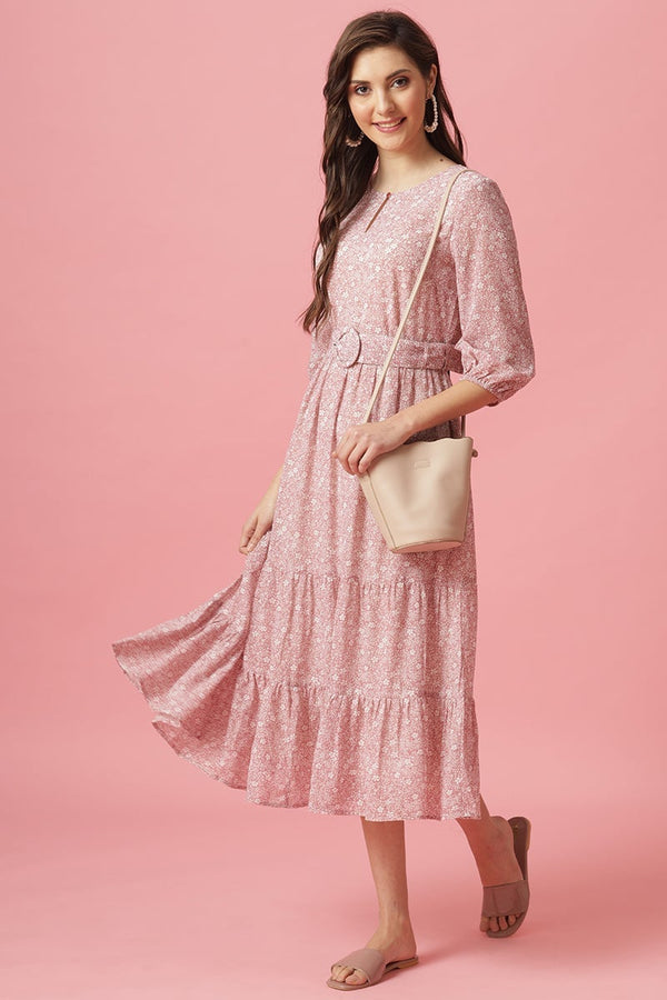 Gipsy Gipsy Pink Midi Length Round Neck Georgette Dress Pink