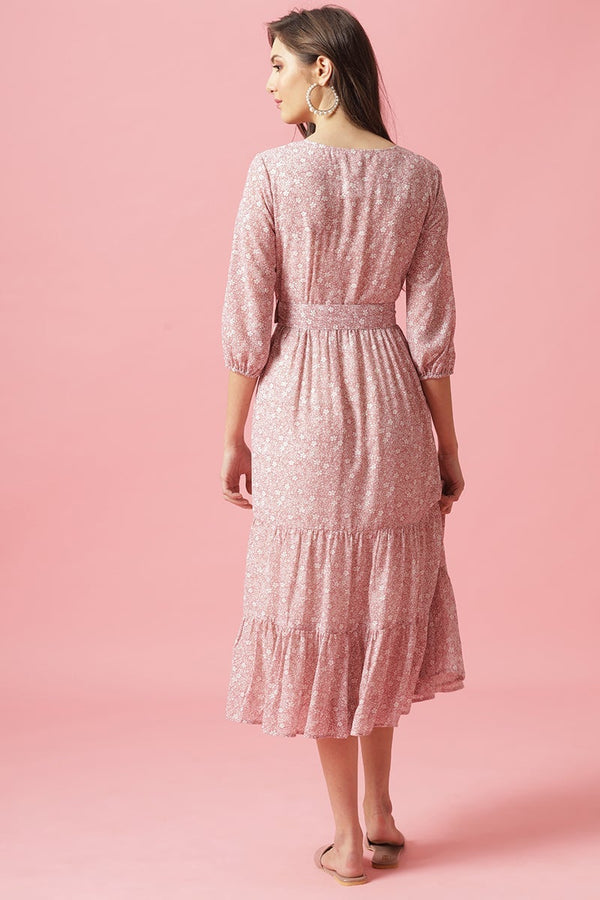 Gipsy Gipsy Pink Midi Length Round Neck Georgette Dress Pink