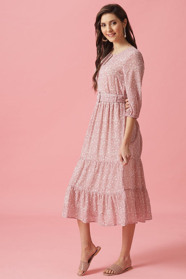Gipsy Gipsy Pink Midi Length Round Neck Georgette Dress Pink