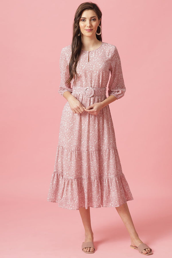gipsy Gipsy Pink Midi Length Round Neck Georgette Dress Pink