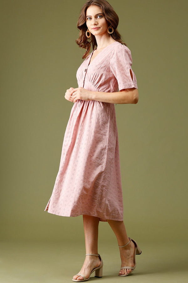 Gipsy Pink Midi Length V-Neck Cotton Dress Pink