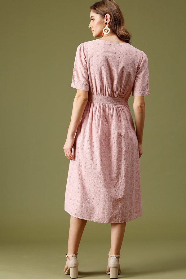 Gipsy Pink Midi Length V-Neck Cotton Dress Pink