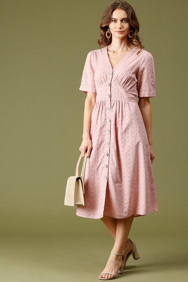 Gipsy Pink Midi Length V-Neck Cotton Dress Pink