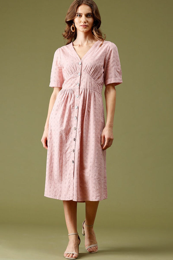 gipsy Pink Midi Length V-Neck Cotton Dress Pink