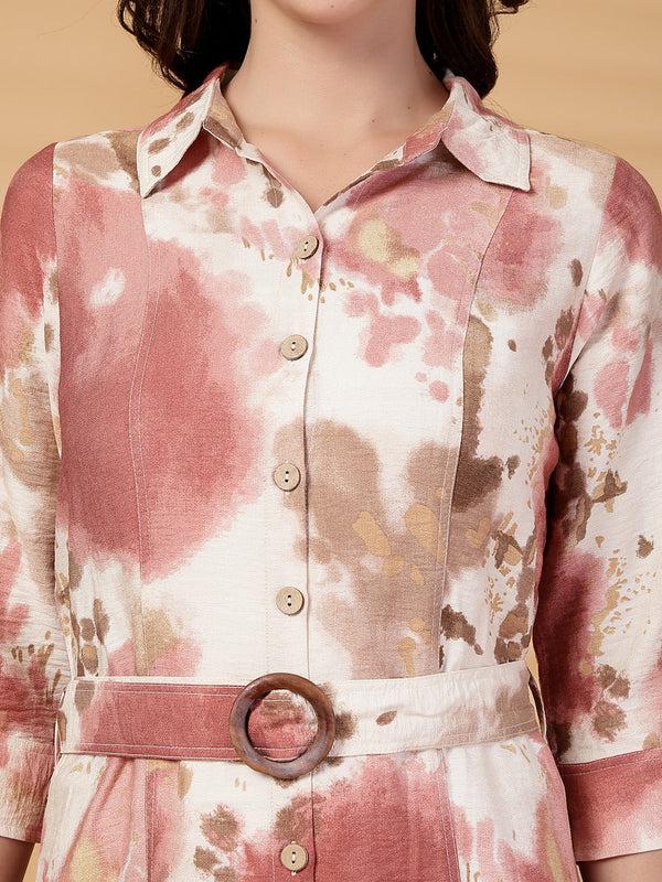 Gipsy Gipsy Pink Printed Rayon Shirt Dress With Belt