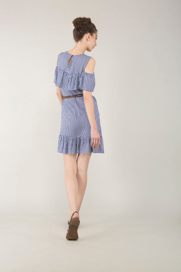 Gipsy Printed Cold Shoulder Frill Dress Indigo