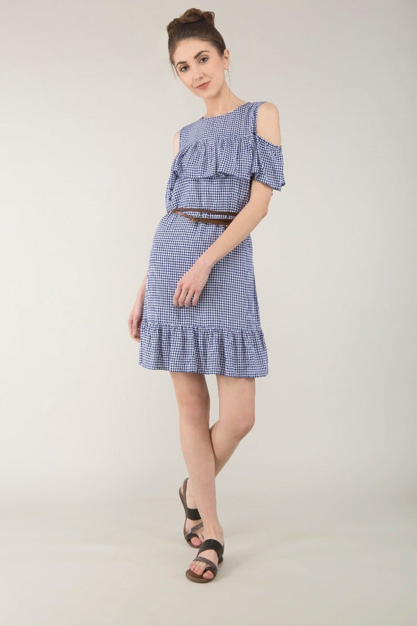 Gipsy Printed Cold Shoulder Frill Dress Indigo