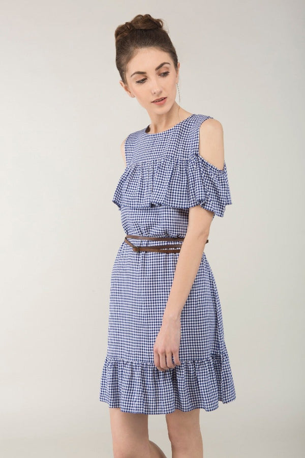gipsy Printed Cold Shoulder Frill Dress Indigo