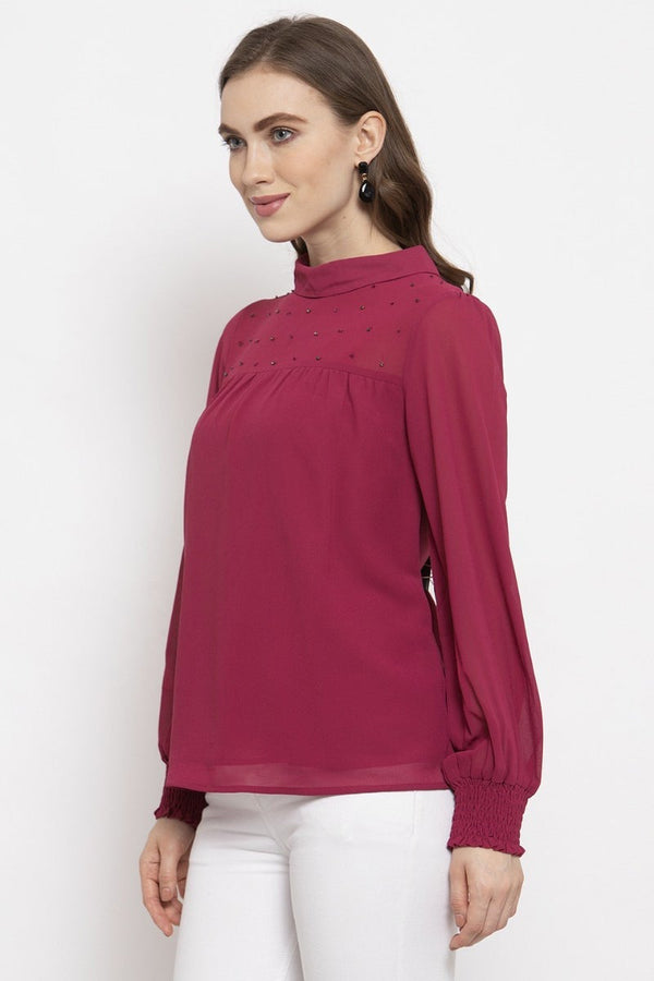 Gipsy Gipsy Rasberry Embellished Georgette Top Pink