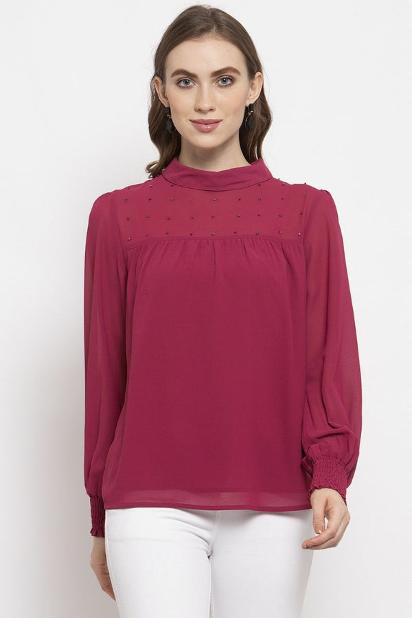 gipsy Gipsy Rasberry Embellished Georgette Top Pink
