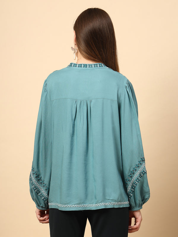 Gipsy Sage Blue Rayon Tunic With Embroidery