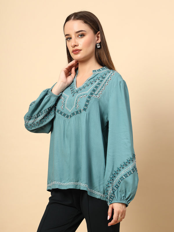Gipsy Sage Blue Rayon Tunic With Embroidery