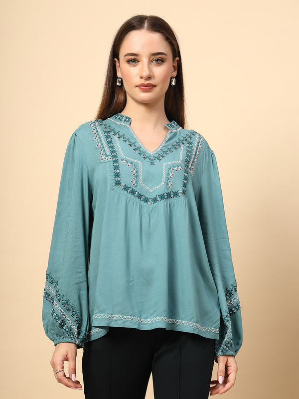 gipsy Sage Blue Rayon Tunic with Embroidery