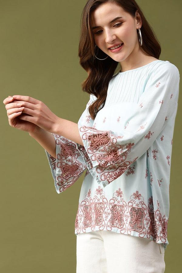 Gipsy Gipsy Sage Embroidered Viscose Rayon Tunic Blue